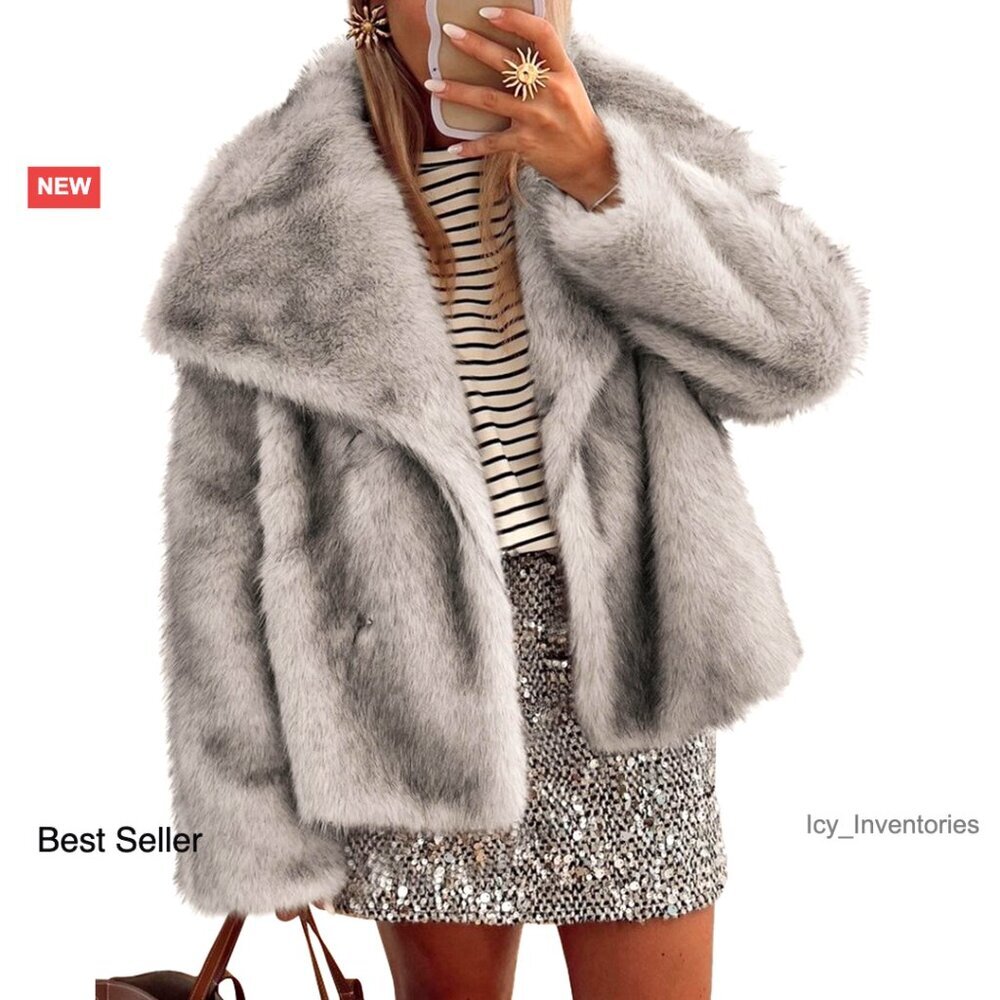 Faux Fur Winter Coat Trendy Long Sleeve Lapel Button Jacket with Pockets